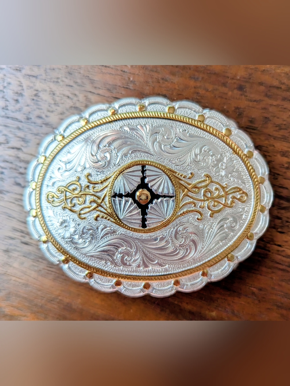 Montana Silversmiths Engraved Silver & Gold Western Oval Belt Buckle